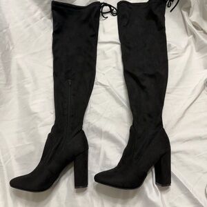PrettyLittleThing Black Over-the-Knee Block Heel Boots size 6